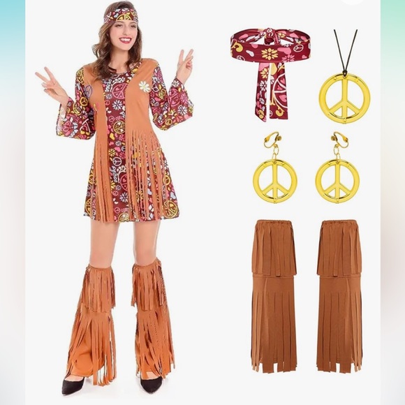Amazon Dresses & Skirts - NWT 5pc Hippie Costume Set Dress Disco Peace Necklace Earrings Headband socks